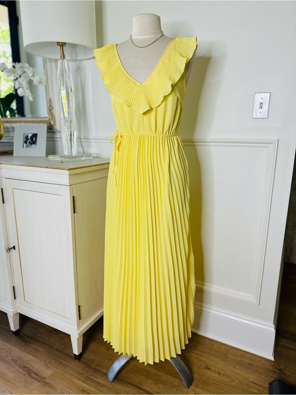 Yellow Ruffle V-Neck Pleated Maxi Dress